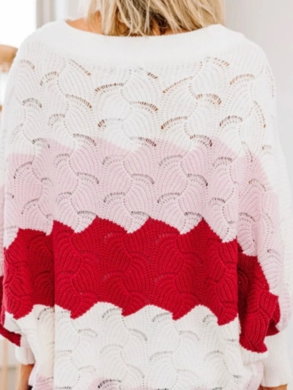 ANDREE BY UNIT White, Pink & Red Colorblock Striped Knit Oversized Sweater (M)